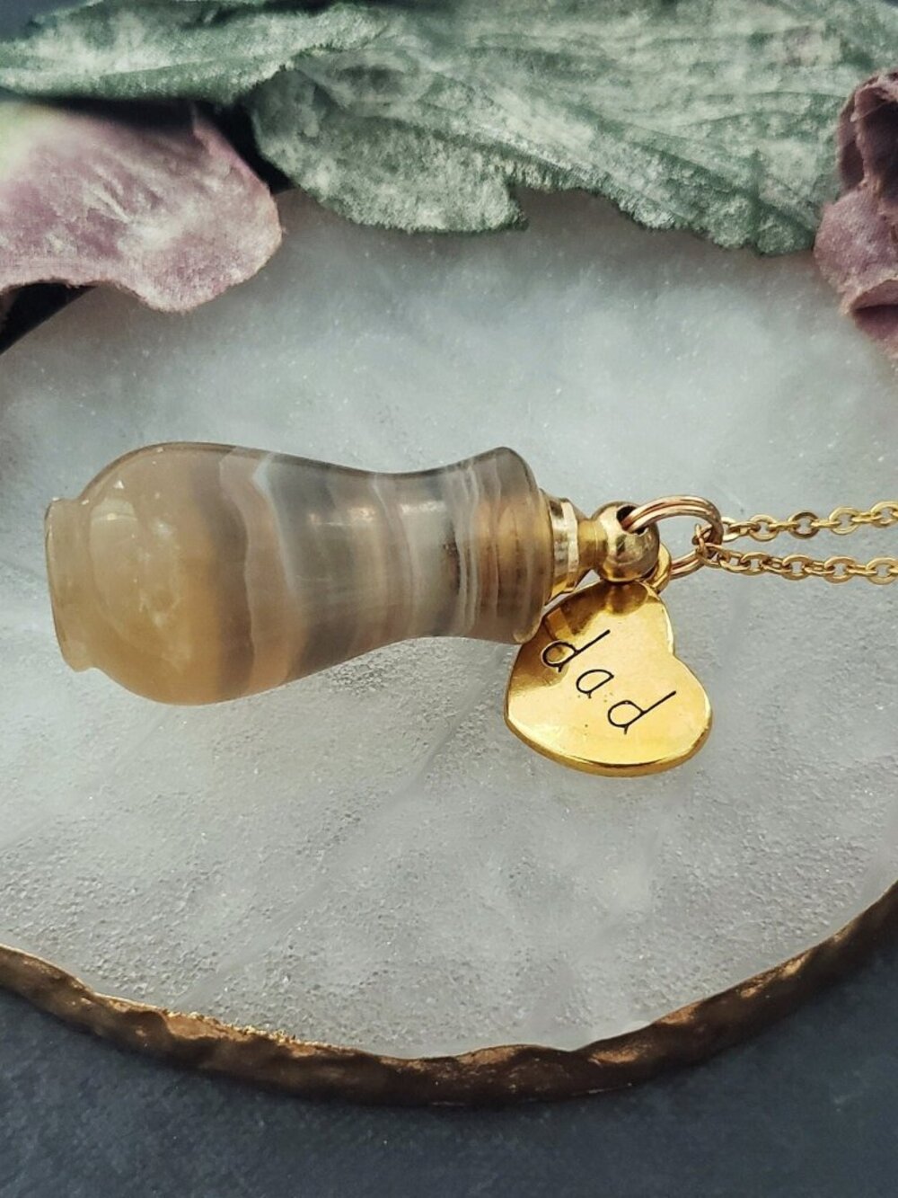 Agate Crystal Necklace Dad Heart Charm Vial Perfume Bottle Pendant Gold